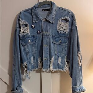 SHEIN Light Blue Ripped Denim Jacket
